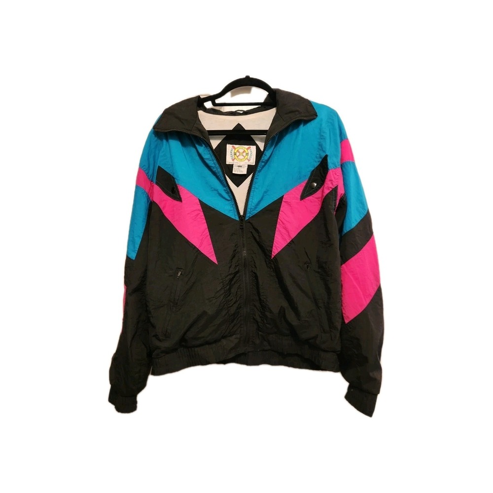 VTG 90s Black Neon Pink Aqua Women's Windbreaker Size Medium